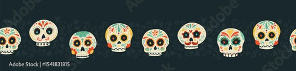 Obraz Day of the dead, Dia de los muertos background and seamless pattern, hand drawn with decoration and flowers, great for textiles, banners, wallpapers, wrapping - vector design
