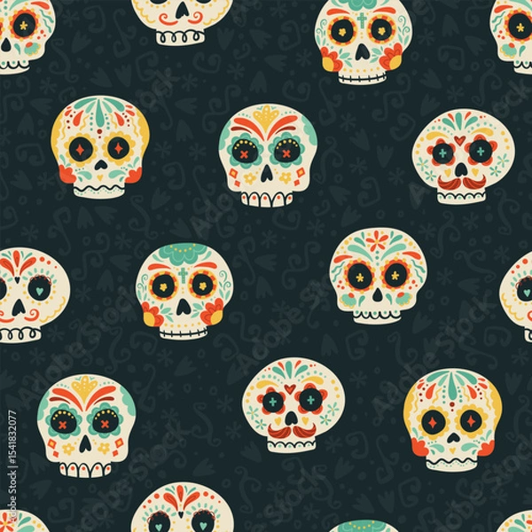 Obraz Day of the dead, Dia de los muertos background and seamless pattern, hand drawn with decoration and flowers, great for textiles, banners, wallpapers, wrapping - vector design