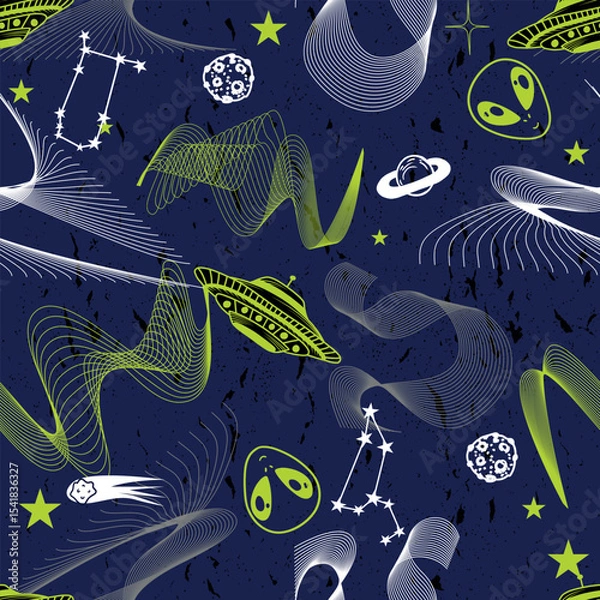 Fototapeta Hand drawn seamless space pattern with  space rockets, planets, stars. Space background