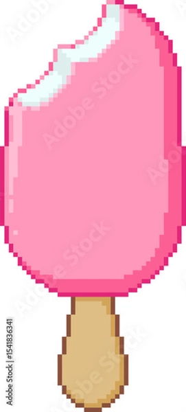 Fototapeta Pixel art illustration of a pink ice cream bar on a stick with a bite taken out. Retro style dessert design, vector.