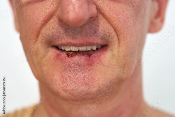 Fototapeta Close-up of man's face and lips affected by herpes simplex infection, showing inflammation
