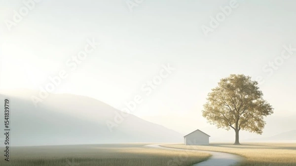 Obraz A tranquil nature scene symbolizing the Trinity: a large tree (Father), a path (Son), and wind in the grass (Spirit)