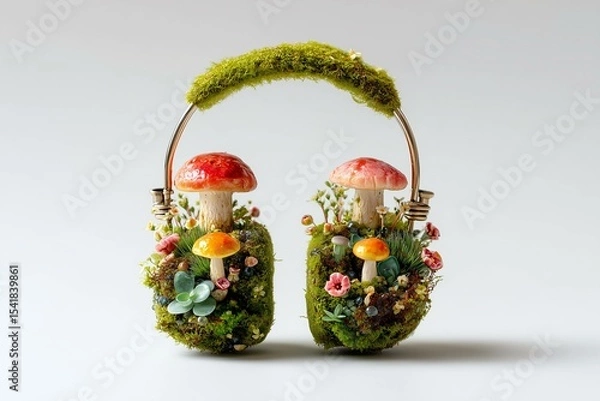 Fototapeta Headphones covered with green moss and with cute mushrooms and flowers