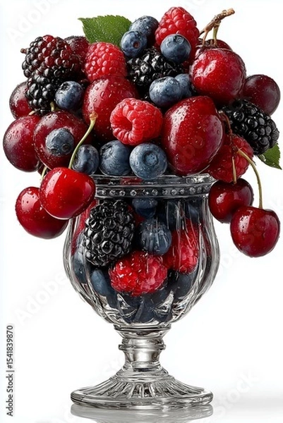 Fototapeta Lots of berries in a glass - cherry, strawberry, blueberry, blackberry, rasperry - on white background