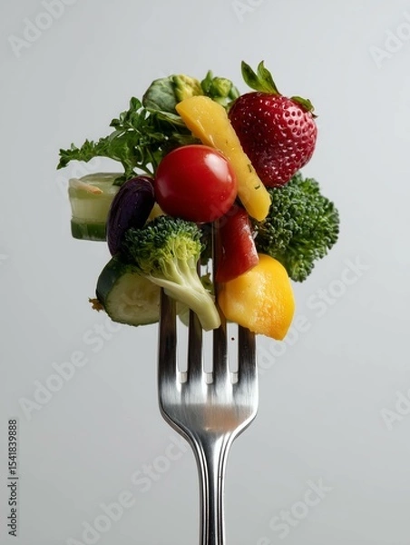Fototapeta A fork with vegatables pieces on it - broccoli, tomato, pepper, cucumber, lettuce and strawberry