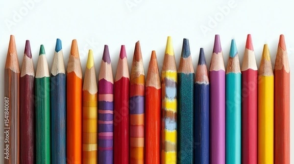 Fototapeta Collection of sharpened colored pencils in a row on white background