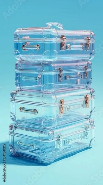 Fototapeta Stack of empty transparent suitcases on light blue background