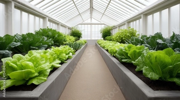 Fototapeta Vegetable garden in a greenhouse with leafy green letuuce and cabbage 