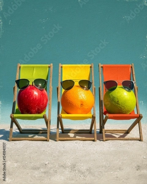 Fototapeta An apple, an orange and a lime with sunglasses in lounge chairs on the beach as a poster design 