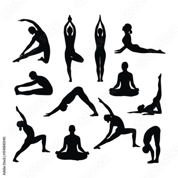 Obraz Diverse Yoga Poses Silhouettes for Fitness and Well being, A Collection of Yogic Asanas Showcasing Flexibility, Balance, and Strength