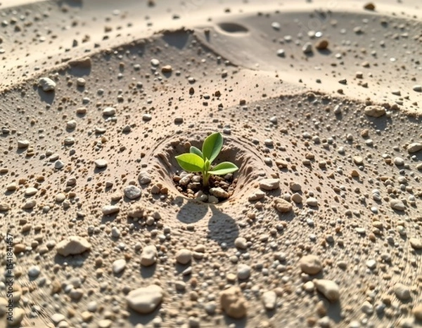 Fototapeta a small green sprout emerging from sand, position at the bottom with ample copy space at the top.