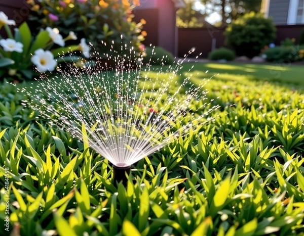 Fototapeta sprinkler watering green lawn in evening sunlight, on right, under dappled light, copy space on left.