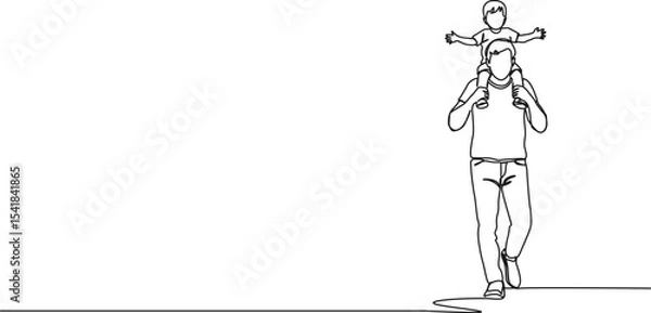 Obraz continuous single line drawing of dad carrying young son on shoulders, line art vector illustration