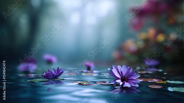 Fototapeta A serene water scene with glowing flowers floating on the surface