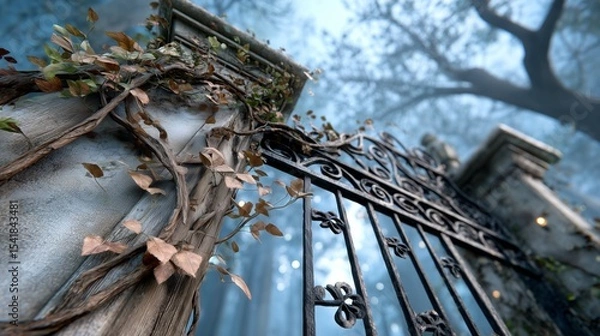 Obraz Mysterious gate entrance enchanted forest digital artwork foggy atmosphere low angle view fantasy concept