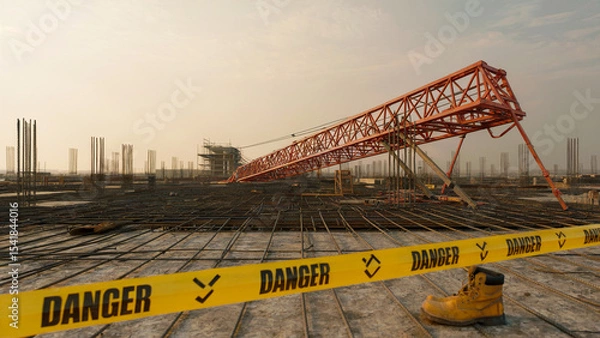 Fototapeta Desolate Construction Site with Overturned Crane and Partially Built Structures