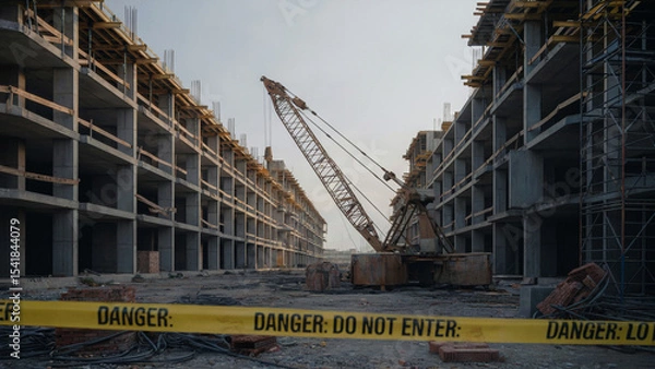 Fototapeta Empty Building Zone Featuring Toppled Crane and Idle Scaffolding