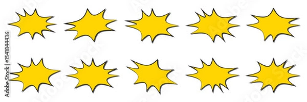 Fototapeta Dynamic yellow starburst shapes scattered on a white background bring energy and excitement to any design or artistic project, irregular text box.