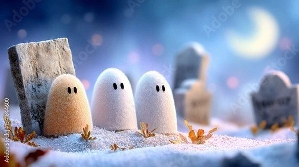 Obraz Playful ghosts trick-or-treating in a spooky graveyard at night whimsical illustration in a mystical atmosphere