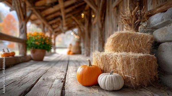 Obraz Harvest scene featuring pumpkins and hay bales rustic barn autumn decor cozy environment outdoor viewpoint