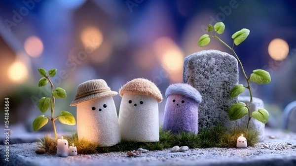 Obraz Charming ghostly figures celebrate halloween enchanted graveyard photography whimsical close-up spooky vibes