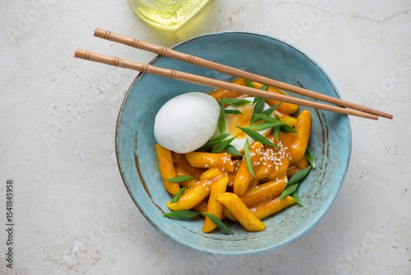 Fototapeta Korean tteokbokki served in curry sauce with boiled egg in a turquoise bowl, horizontal shot on a light-beige stone background, elevated view