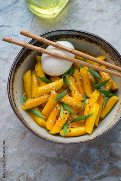 Fototapeta Bowl of korean tteokbokki or rice cakes with curry sauce and boiled egg, vertical shot, elevated view