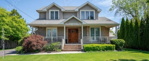 Fototapeta The beautiful two-story house surrounded by lush greenery and a sunny sky.