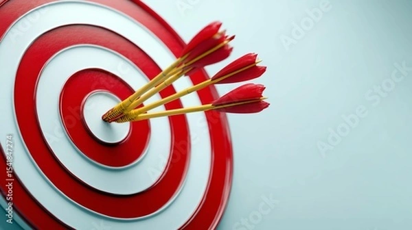 Fototapeta Red and white target board with many arrow in the center as a symbol of success and achievement of the aim
