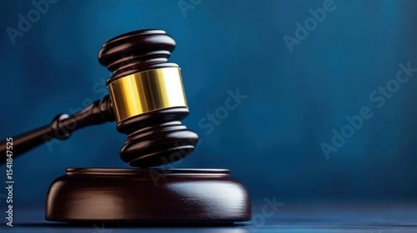 Obraz A wooden judge"s gavel with a golden band rests on its sound block against a blue background, symbolizing law and justice.
