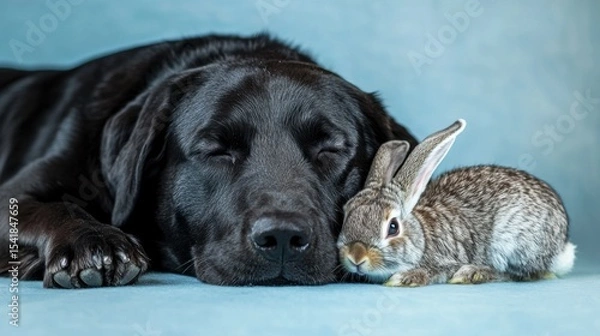 Fototapeta Adorable Black Lab and Bunny Napping Together: A Peaceful Portrait of Inter-species Friendship
