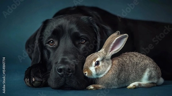 Fototapeta A heartwarming portrait of a black Labrador and a fluffy bunny resting together, showcasing their gentle companionship and bond. A captivating image celebrating the beauty of anima