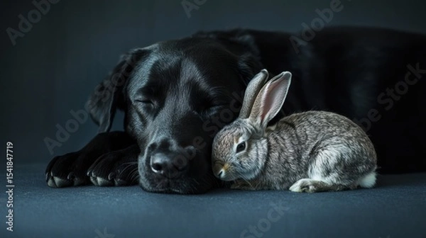 Fototapeta Heartwarming image of a black Labrador dog and a grey bunny sleeping peacefully together. A touching display of interspecies friendship and animal companionship.