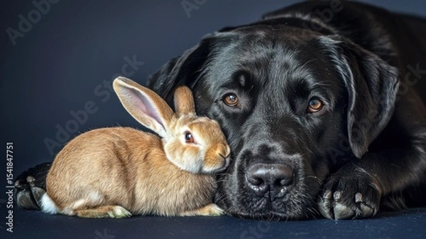 Fototapeta Adorable Black Labrador and Brown Bunny: A heartwarming portrait of an unlikely friendship.  The captivating image showcases the gentle connection between these two animals, creati