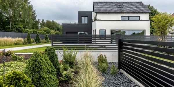 Fototapeta Modern Home Exterior: Contemporary Architecture and Landscaping Design. This stunning property features a sleek, black fence and beautifully landscaped gardens, creating a luxuriou