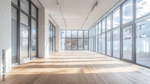 Fototapeta Sunlit Modern Office Space: An Architectural Masterpiece of Clean Lines and Open Design.  Spacious, bright, and minimalist, this contemporary interior is perfect for modern living 