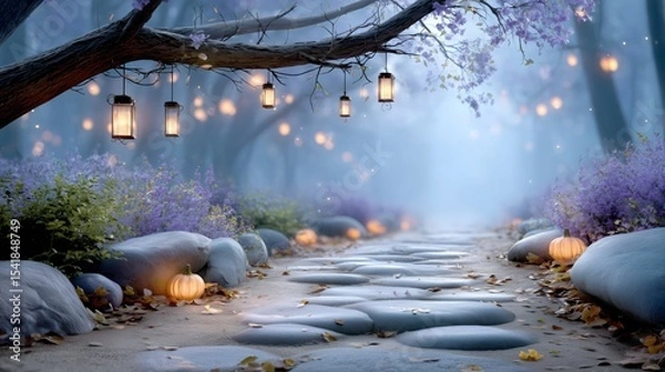 Obraz Enchanting lantern pathway in misty forest nature scene magical atmosphere serene viewpoint autumn vibes