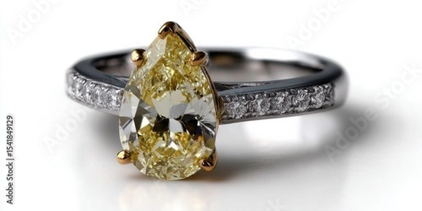 Fototapeta Dazzling Pear-Cut Yellow Diamond Ring: A Symbol of Timeless Elegance and Luxury. This exquisite piece features a brilliant yellow diamond, set in platinum with a delicate band of s