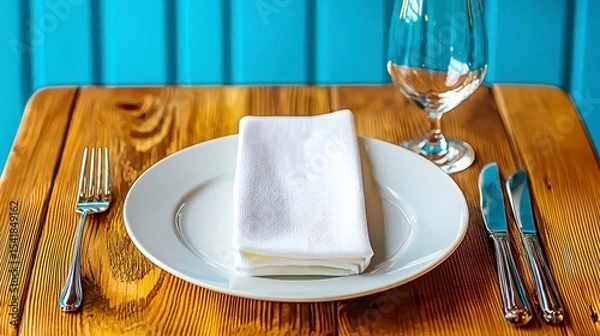 Obraz Elegant Table Setting with White Plate and Rustic Wooden Table