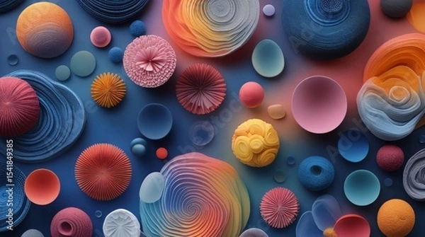 Fototapeta Abstract colorful 3D spheres and geometric shapes with textured surfaces. Vibrant digital art composition for modern design concepts.