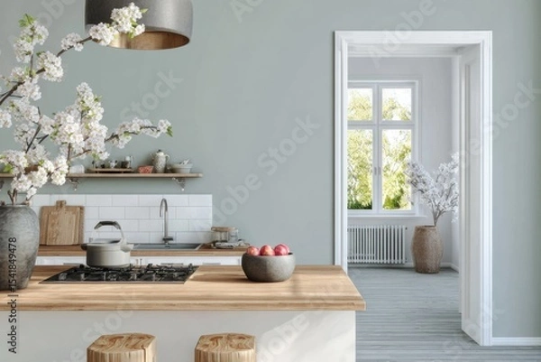 Fototapeta Modern Kitchen Interior Design: A Luxurious and Serene Space.  Discover the elegance of minimalist architecture, natural light, and a calm atmosphere in this beautiful home design.