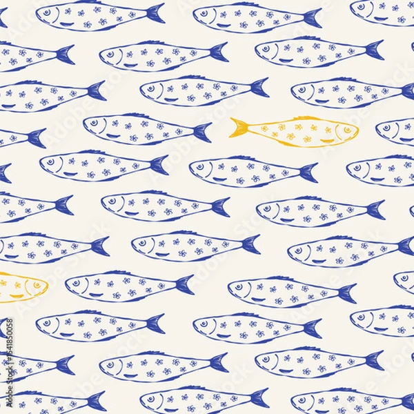 Fototapeta Blue sardines little fish seamless pattern. Cartoon hand drawn fishes, marine underwater animal background for wrapping paper, textile, wallpaper design. Vector texture