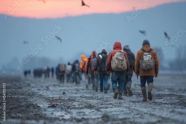 Fototapeta Migrants Walking with Backpacks at Dawn through a Muddy Field in jackets with Birds