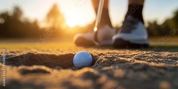 Fototapeta Golf. golfing.  A difficult bunker shot at the end of the day. A shot landed in a bunker or sand trap. 