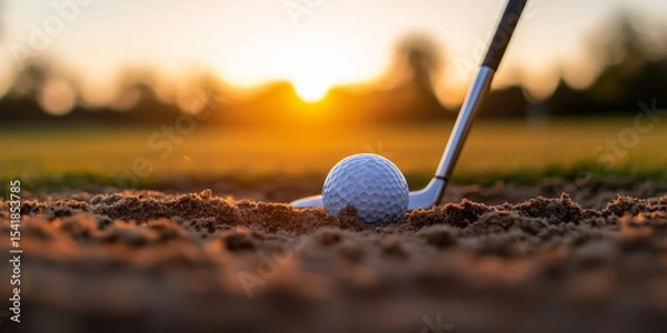 Fototapeta Golf. golfing.  A difficult bunker shot at the end of the day. A shot landed in a bunker or sand trap. 