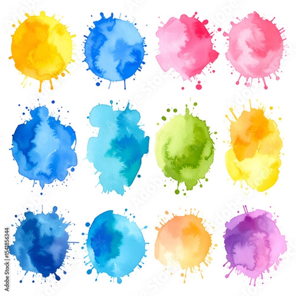 Fototapeta Set of colorful watercolor splatters with transparent background