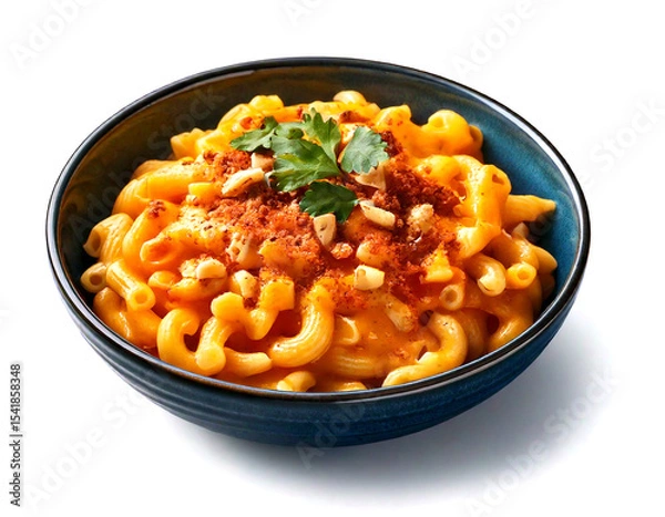 Obraz カシューナッツソースのヴィーガンマカロニ＆チーズ。白背景。（Vegan Macaroni and Cheese with Creamy Cashew Sauce. white background.）
