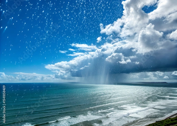Obraz Rain Shower over the Ocean: A dramatic view of a rain shower over a vast ocean, with fluffy white clouds and a bright blue sky forming a breathtaking contrast.