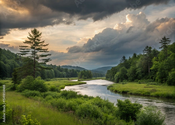 Obraz Serene River Landscape Under Dramatic Skies: A breathtaking vista unfolds, where a meandering river snakes through a lush valley. Overcast skies cast a dramatic light over the scene.