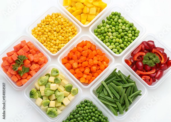 Obraz Vibrant Vegetable Assortment: A visually appealing arrangement of colorful, diced vegetables, showcasing the freshness and variety of healthy eating in a clear, clean setting.